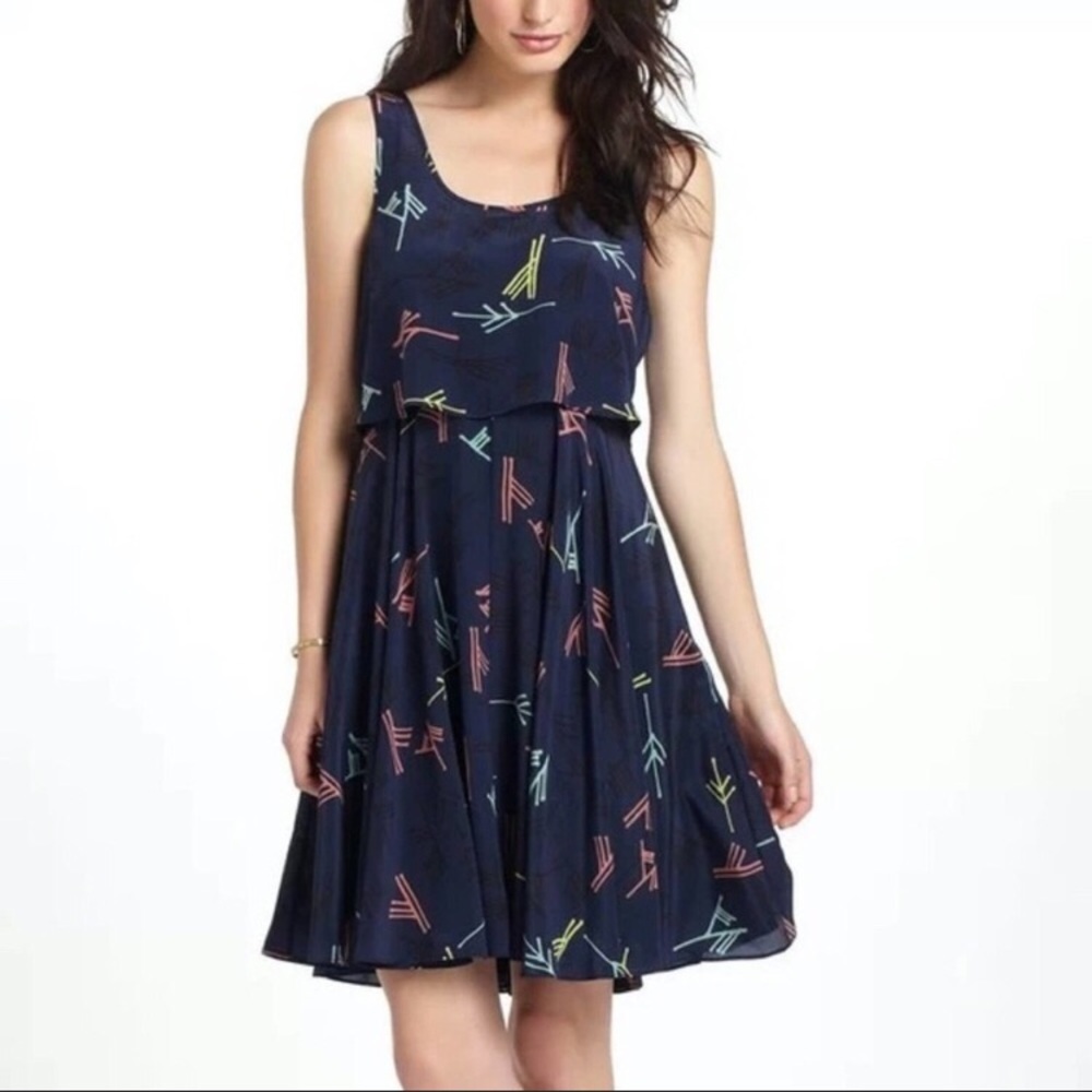 Anthropologie Sariah Flounce Top Dress, Silk, Navy Blue, size 0